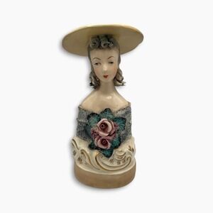 Vintage Ceramic Lady Head Bust Figurine Sun Hat Pink Roses Gold Accents 7.25in